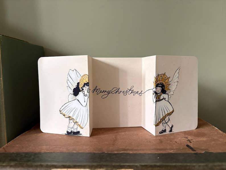 Vintage Whispering Angels - Fold Out Christmas Card: Humorous Children's Illustration