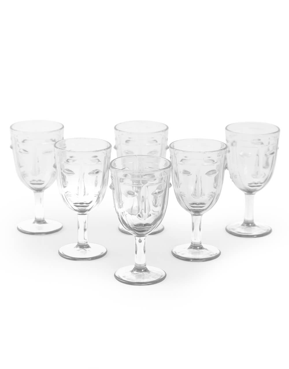 Set of 6 Clear Deco Face Wine Glasses