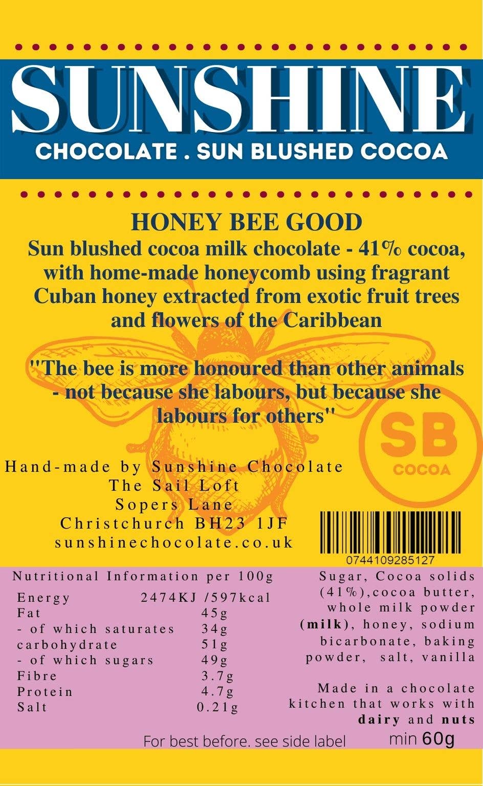 Sunshine Chocolate Honey BEE Good . Milk Chocolate melt bar