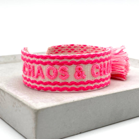 CHAOS & CHAMPAGNE statement bracelet, woven and embroidered