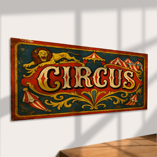 Vintage Circus Metal Sign – Lion Tents & Scroll Design Decor