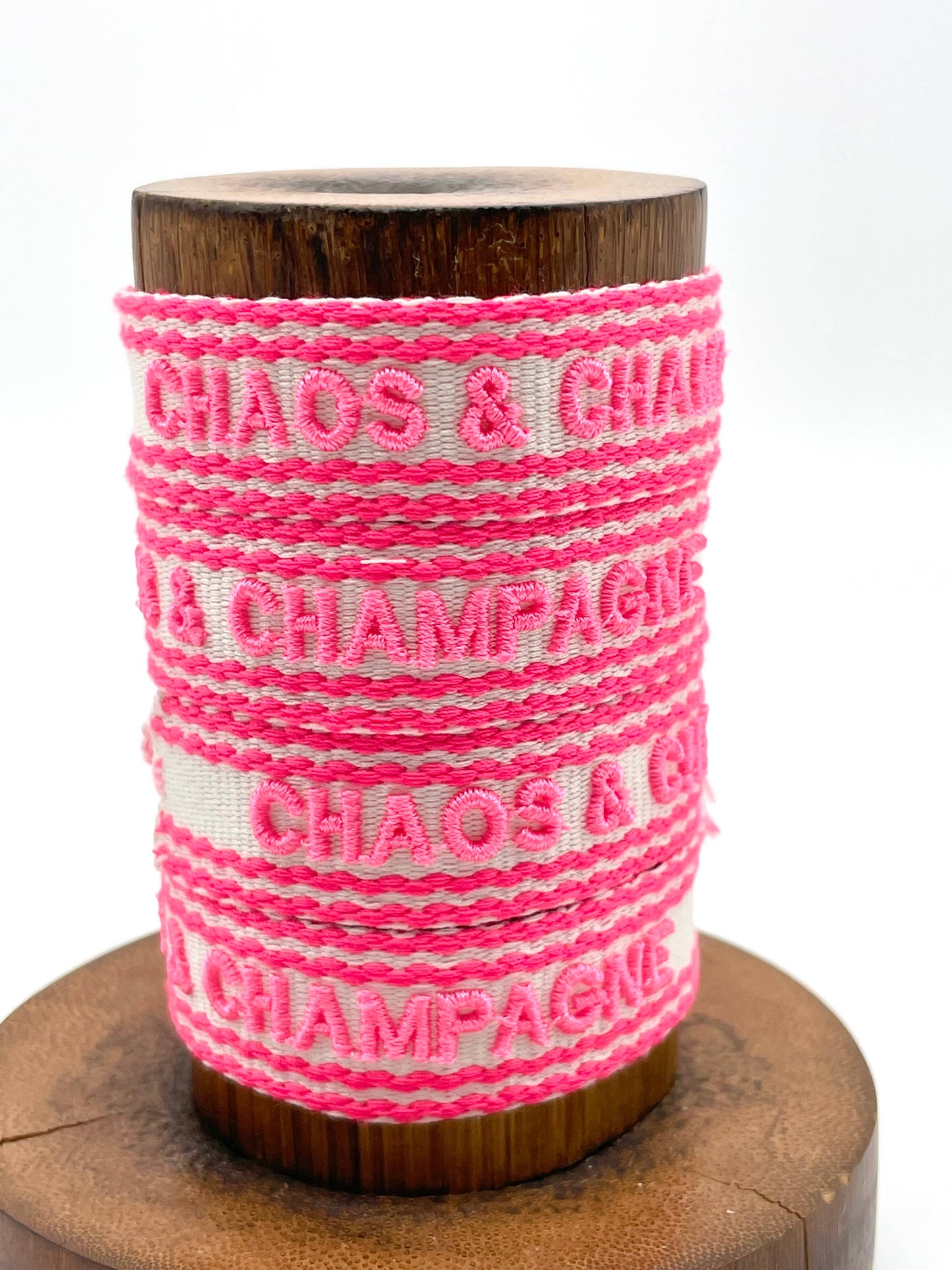CHAOS & CHAMPAGNE statement bracelet, woven and embroidered