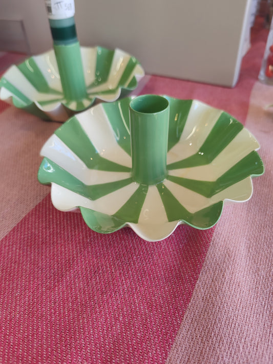 Green and cream stripe Enamel candle holders.