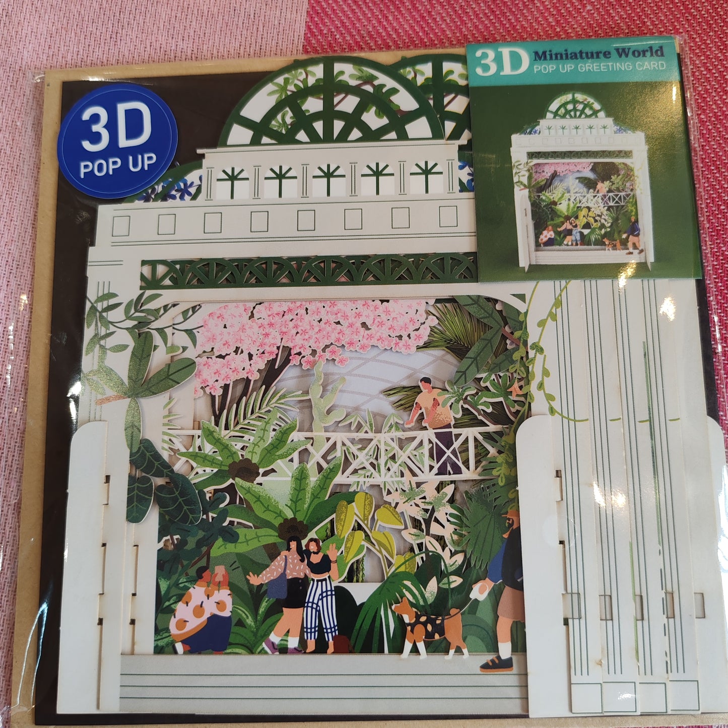 Miniature world Greeting card. 3d Pop up Botanical garden