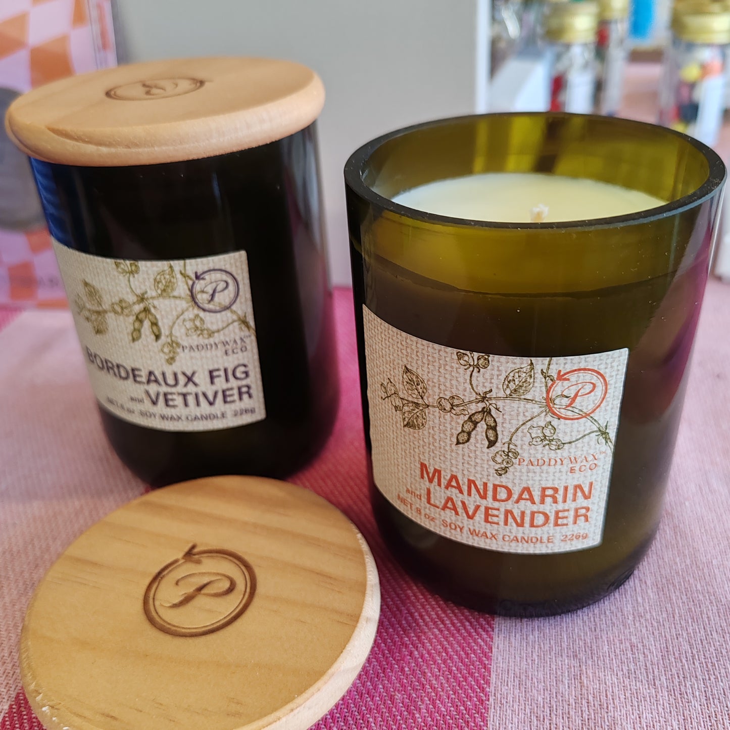 Eco Green recycled glass soy scented candle. 8oz. Scent of Fig and Vertier
