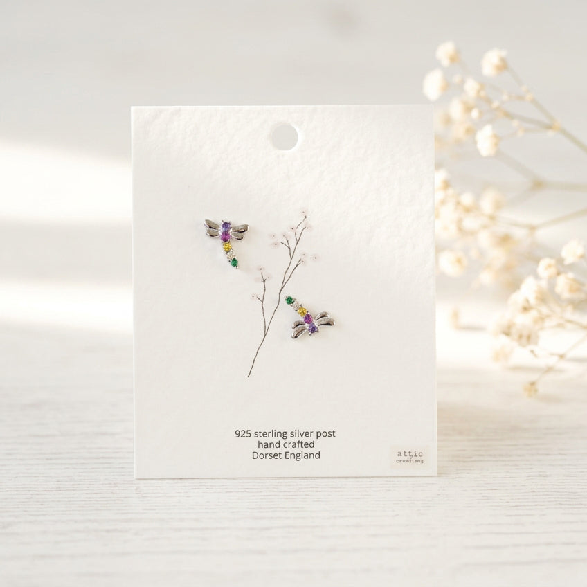 Colourful Gem Dragonfly Earrings - Silver