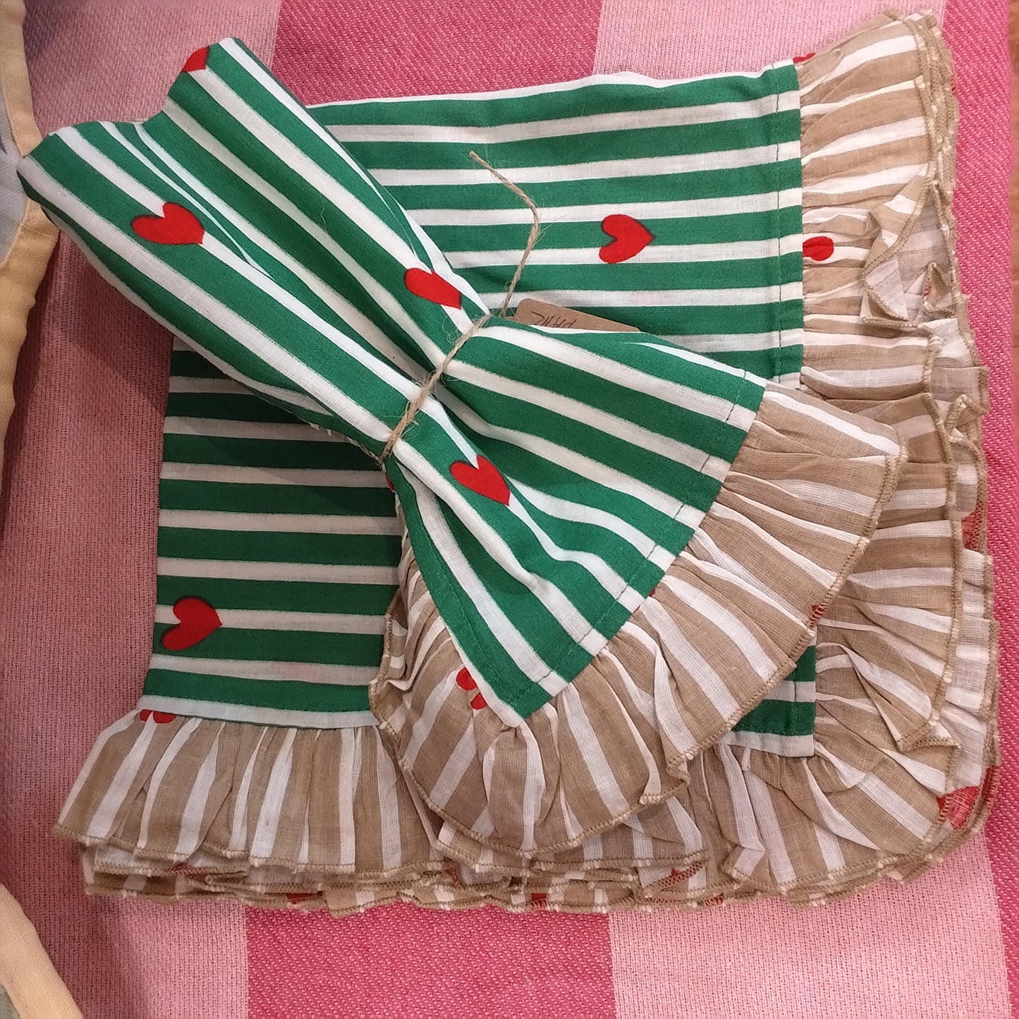 Green / white striped heart napkins with beige trim (pair)