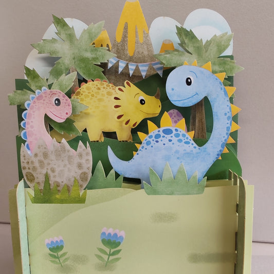 Miniature world 3D pop up greeting card. Dinosaur theme.