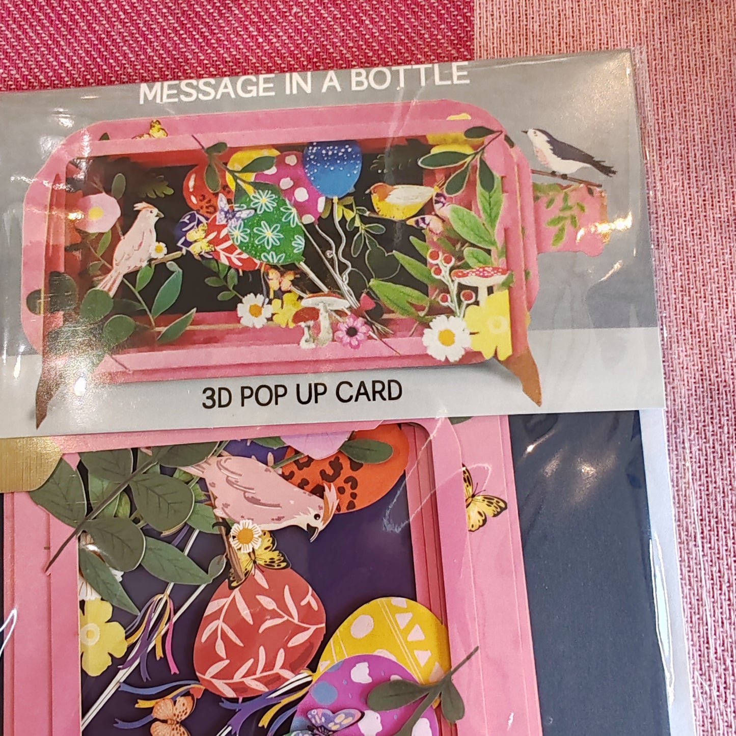 Message in a Bottle 3d Pop up greeting card. Birds and balloons.
