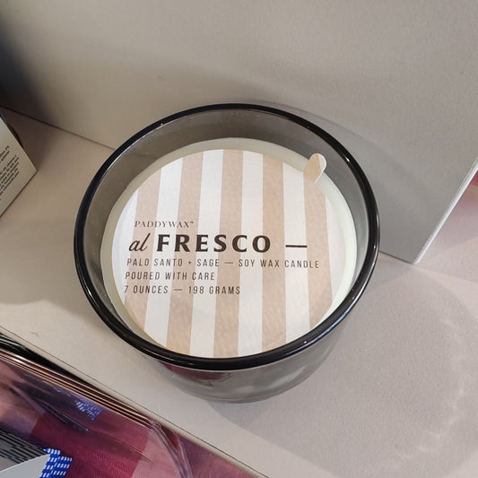 Al Fresco Soy Wax scented candle in black glass jar. 7oz. Scent of Palo Santo and Sage