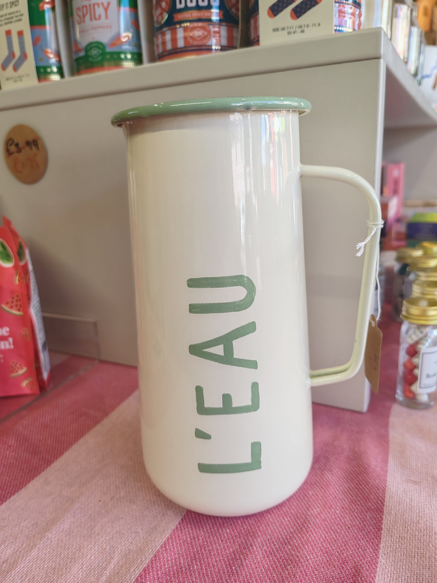 Cream and Green Enamel Jug "L'eau"