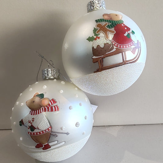 Matt White Glass Bauble - Holly/Alfie on Snow