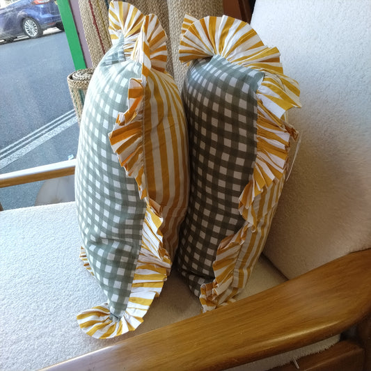 Large Green / white gingham cushion with mustard / white striped frill