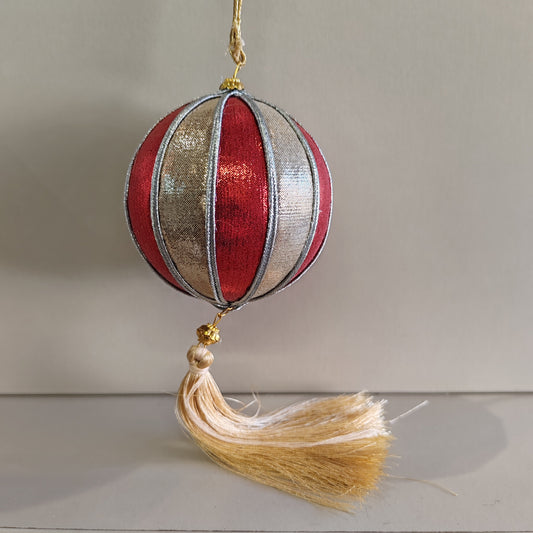 Red & Gold Stripe Fabric Ball with Tassel