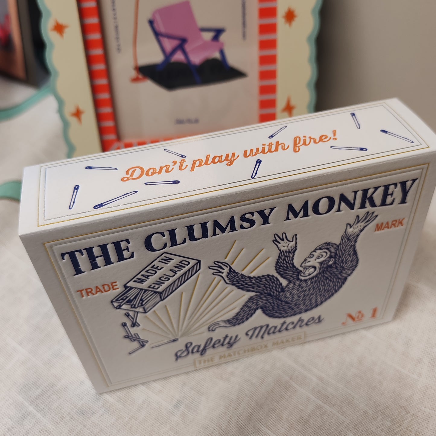 The clumsy monkey matches in decorative box.