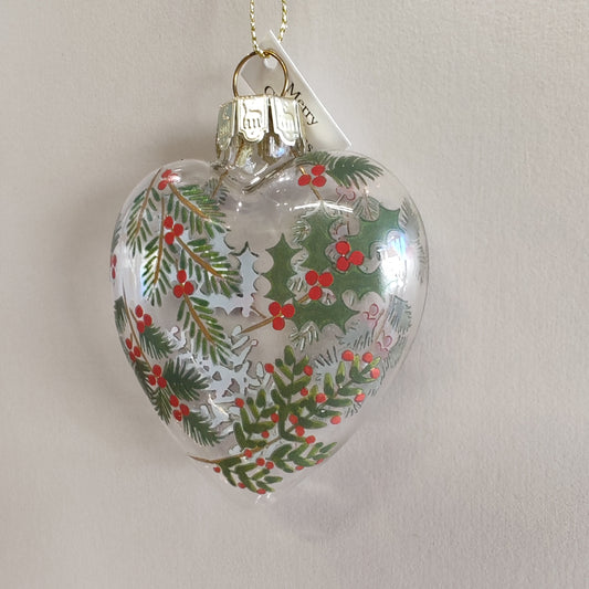 Clear Glass Fir & Berries Heart Decoration