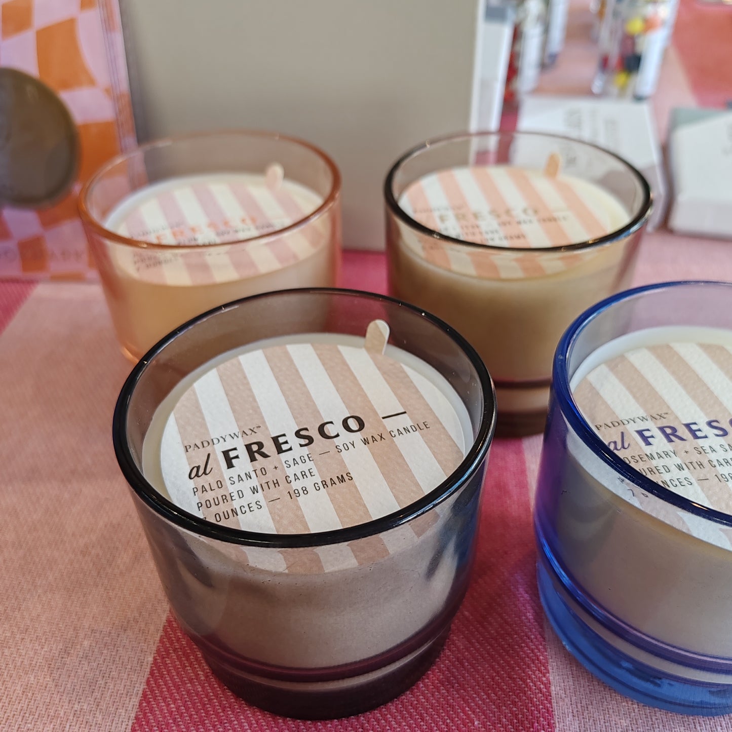 Al Fresco Soy Wax Candle in blue glass Jar. 7oz. Scent of Rosemary and Sea Salt