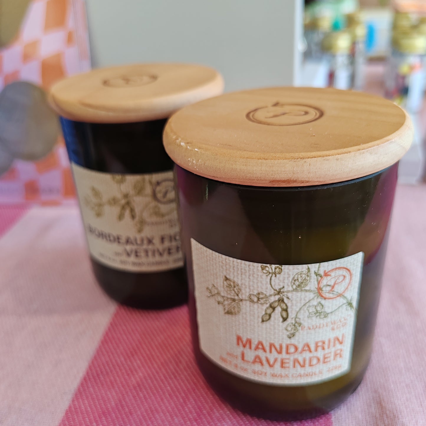 Eco Green recycled glass wine bottle soy wax candle. 8oz. Scent of Mandarin and Lavender