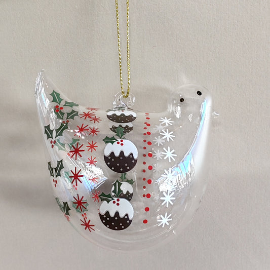 Clear Glass Bird with Christmas Puddings