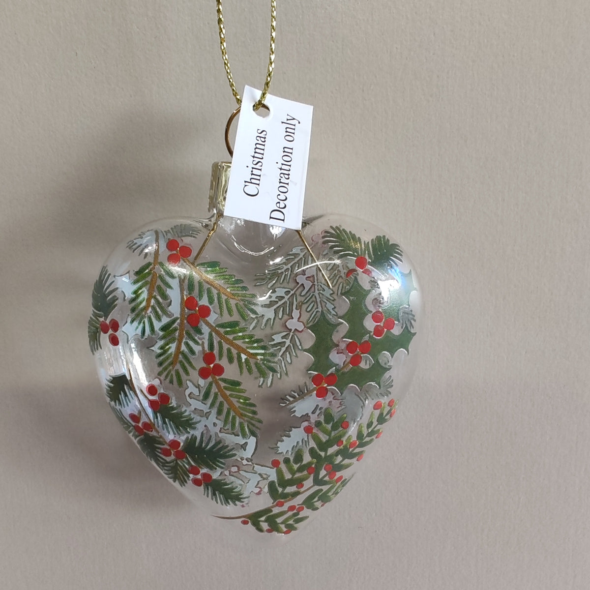 Clear Glass Fir & Berries Heart Decoration