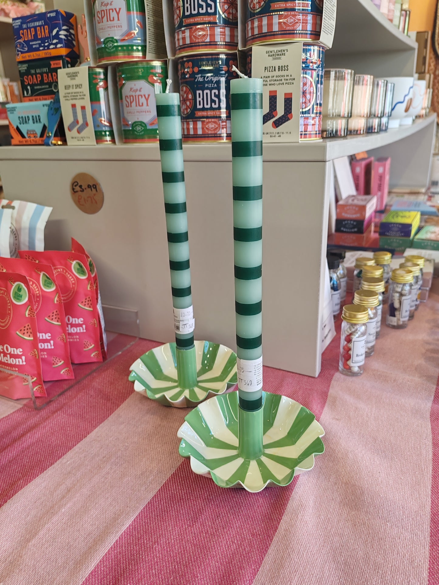 Green and cream stripe Enamel candle holders.