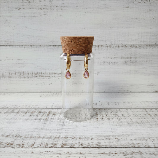 Pink gem tear drop hoop earrings