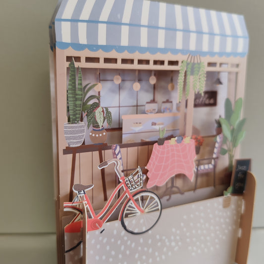 3D pop up Coffee shop greeting card.