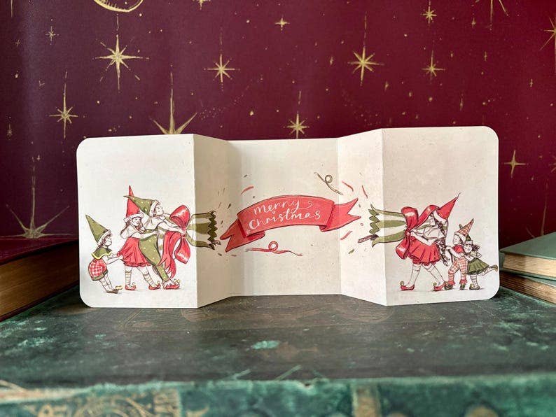 Vintage Christmas Cracker Card, Hand Illustrated Elves, Manymoon Fables Art