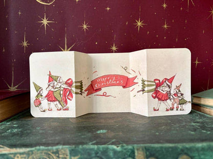 Vintage Christmas Cracker Card, Hand Illustrated Elves, Manymoon Fables Art