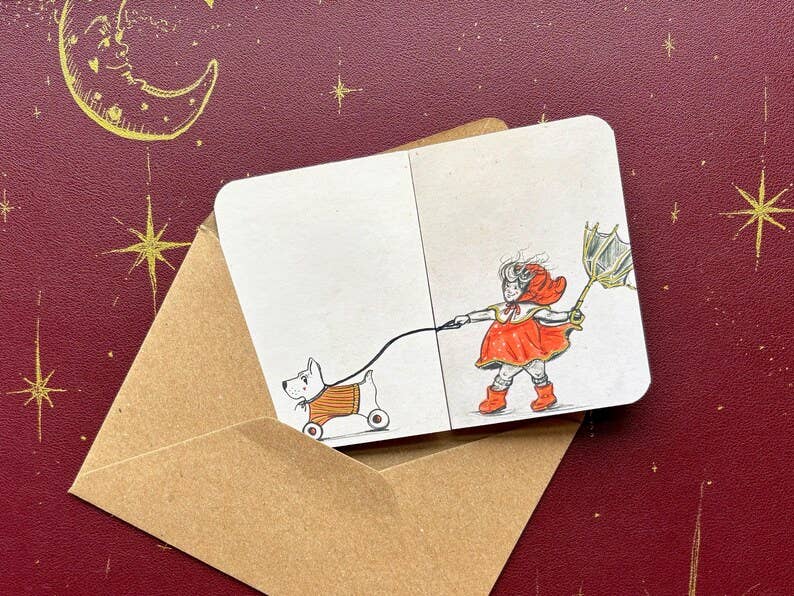 Vintage Inspired Dog Card – Fold Out Greeting, Child Walking Dog Illustration