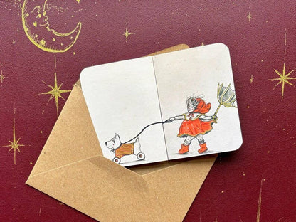 Vintage Inspired Dog Card – Fold Out Greeting, Child Walking Dog Illustration