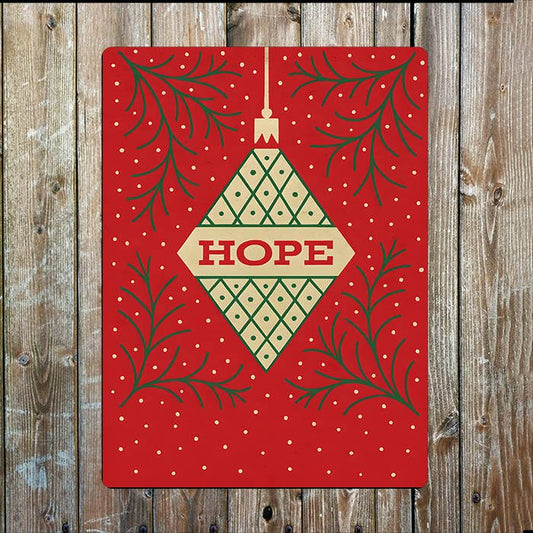 Hope Ornament Metal Sign – Vintage Red and Gold Christmas