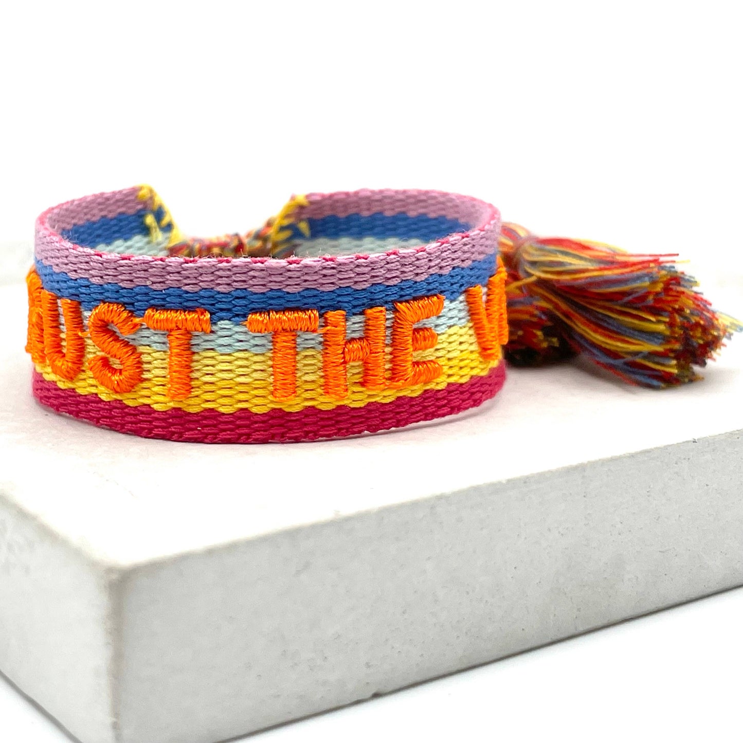 TRUST THE VIBES statement bracelet, woven, embroidered