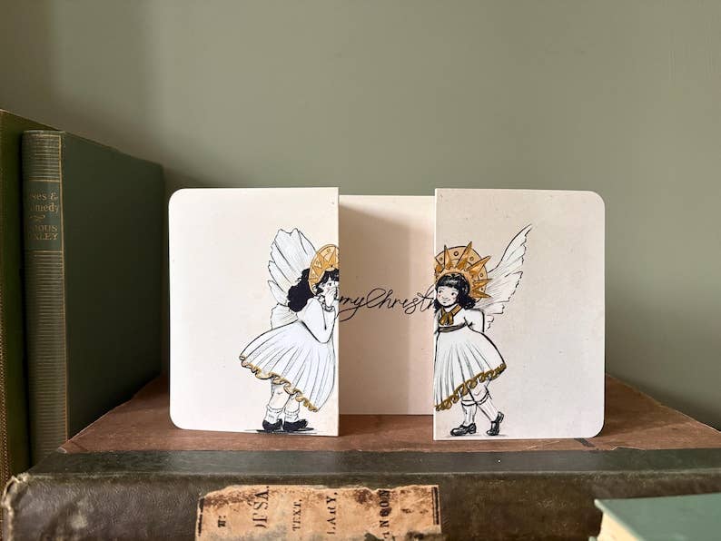 Vintage Whispering Angels - Fold Out Christmas Card: Humorous Children's Illustration