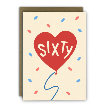 60th Birthday Card “Sixty” Love Heart Balloon - Age Card