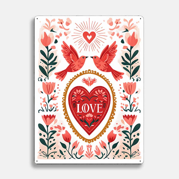 Love Heart Birds Floral scandinavian folk Metal Sign Plaque