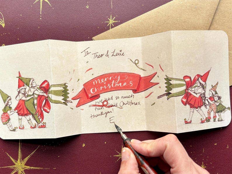 Vintage Christmas Cracker Card, Hand Illustrated Elves, Manymoon Fables Art
