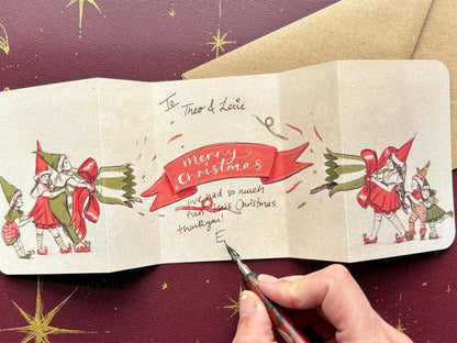 Vintage Christmas Cracker Card, Hand Illustrated Elves, Manymoon Fables Art