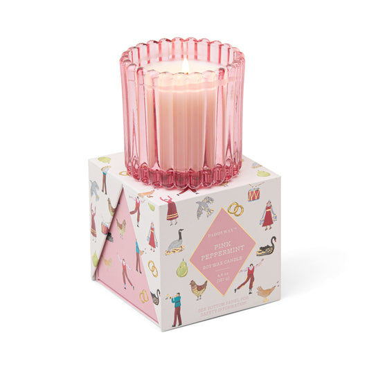 Paddywax Christmas Ribbed Glass Pink Peppermint Candle