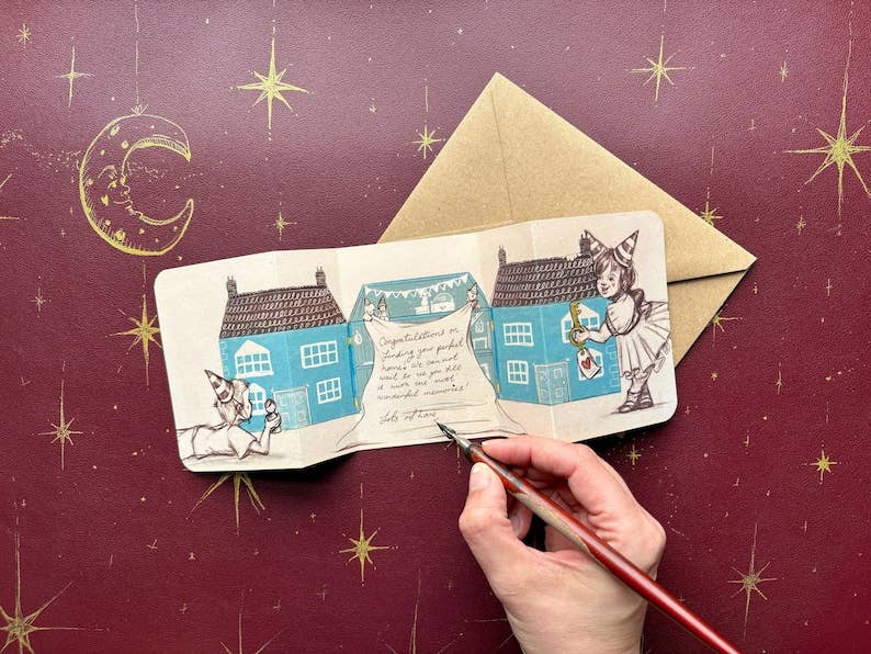 Hand-Illustrated Fold-Out Dollhouse Card – New Home Congratulations Greeting – UK Artist Design