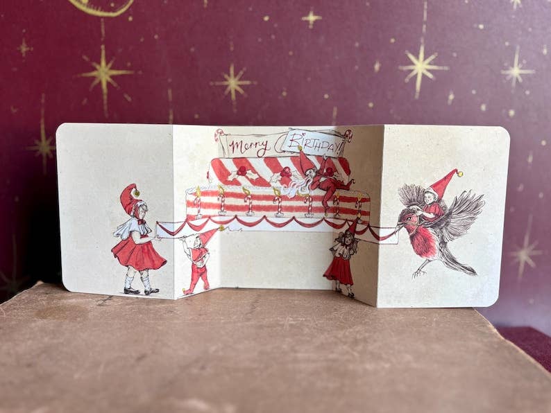 Merry Birthday - Vintage inspired fold out Christmas Birthday Card