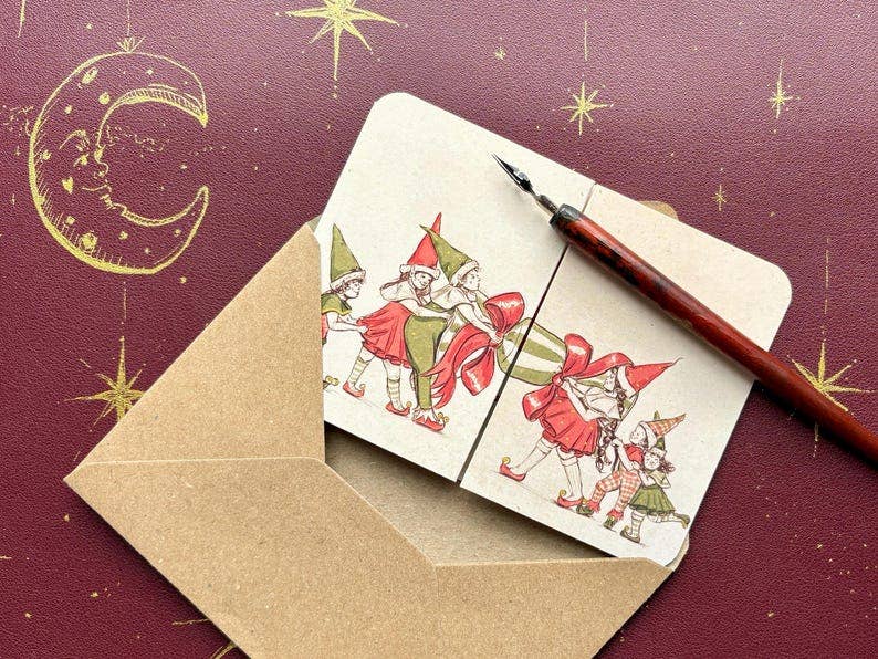 Vintage Christmas Cracker Card, Hand Illustrated Elves, Manymoon Fables Art
