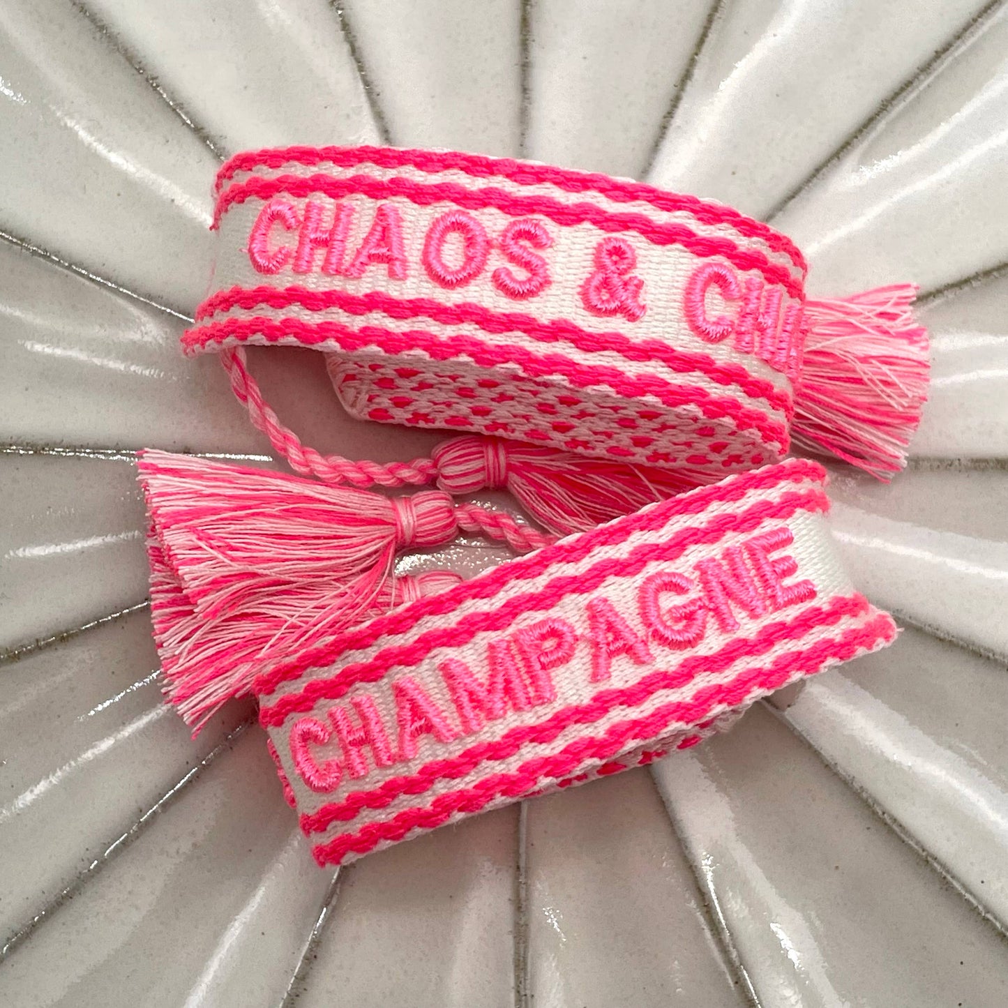 CHAOS & CHAMPAGNE statement bracelet, woven and embroidered
