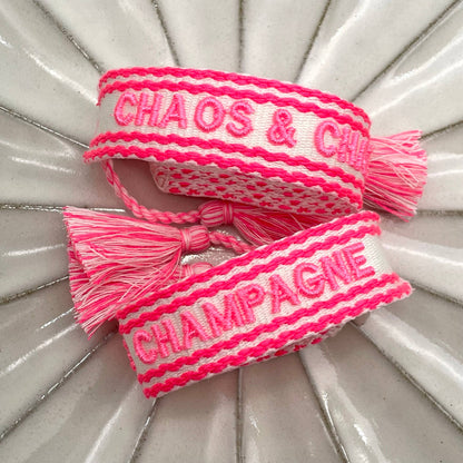 CHAOS & CHAMPAGNE statement bracelet, woven and embroidered