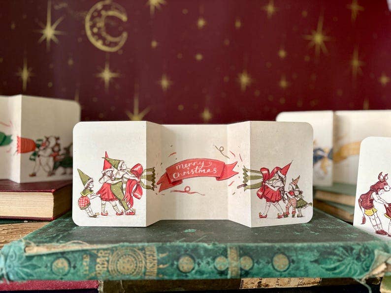 Vintage Christmas Cracker Card, Hand Illustrated Elves, Manymoon Fables Art