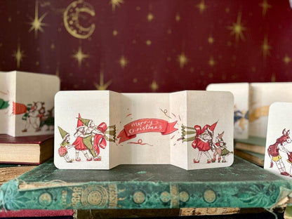 Vintage Christmas Cracker Card, Hand Illustrated Elves, Manymoon Fables Art
