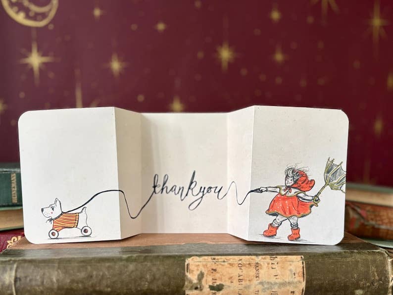 Vintage Inspired Dog Card – Fold Out Greeting, Child Walking Dog Illustration