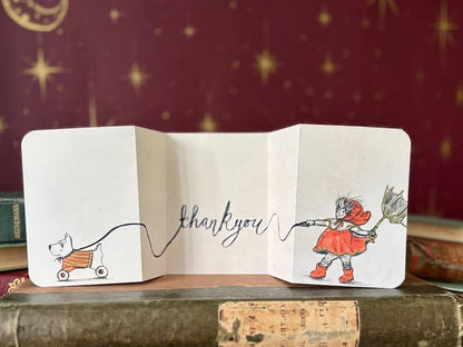 Vintage Inspired Dog Card – Fold Out Greeting, Child Walking Dog Illustration