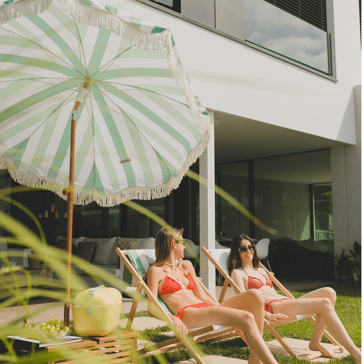 Green Parasol Outdoor Terrace and Beach Parasol UPF 50+ Protection Wide Stripes