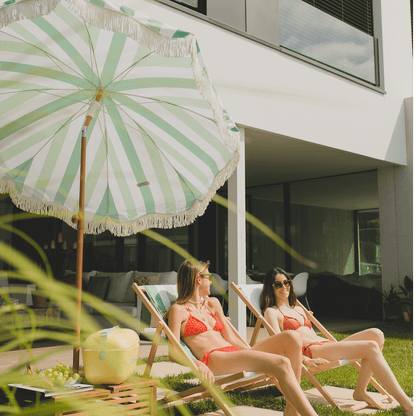 Green Parasol Outdoor Terrace and Beach Parasol UPF 50+ Protection Wide Stripes